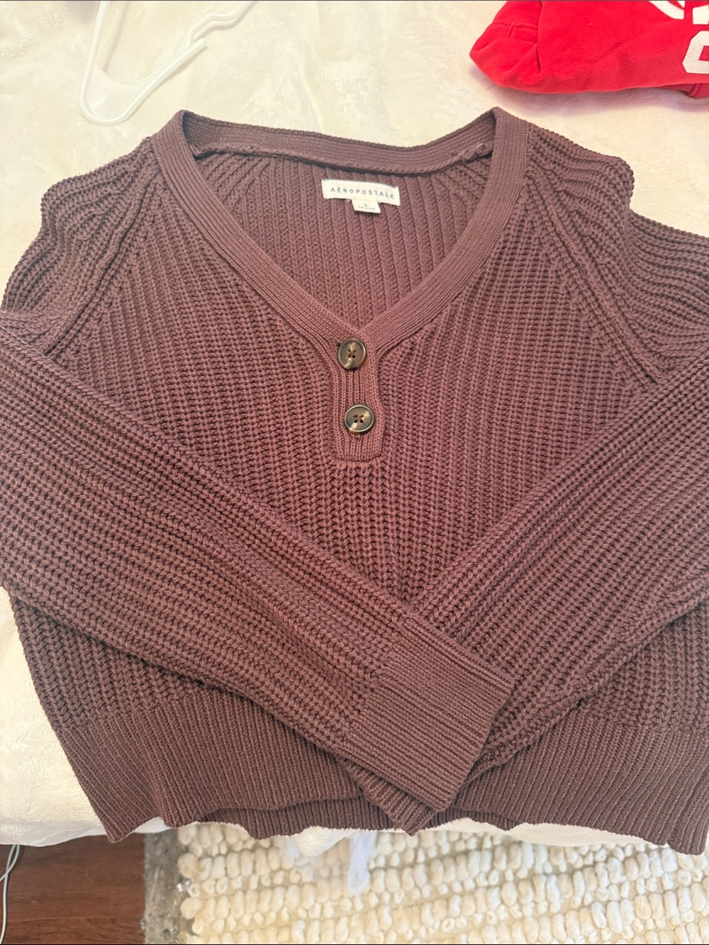 Aeropostale V-Neck Chocolate Brown Knit Sweater with Button Placket